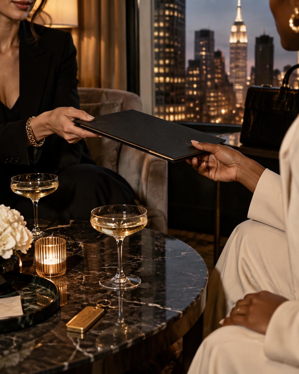 Two women exchanging a deal folder in a private New York lounge