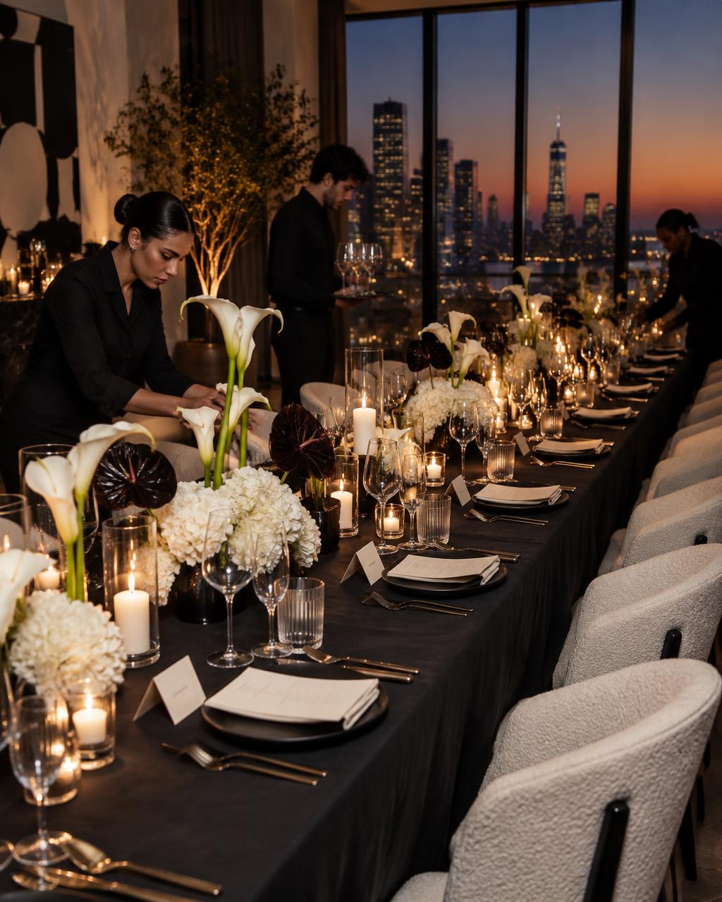 An intimate candlelit event table being prepared at dusk