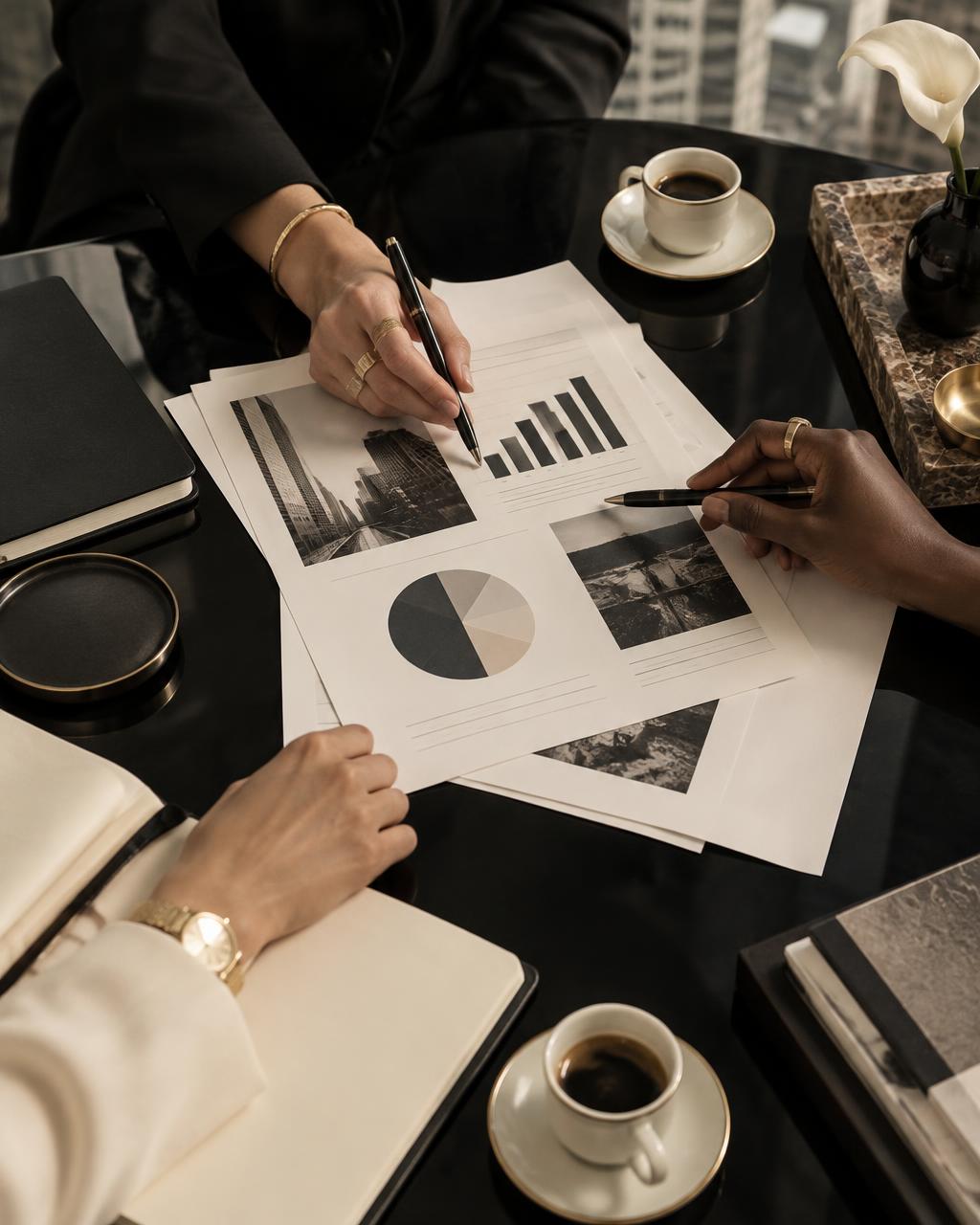 A diverse strategy team reviewing a business plan