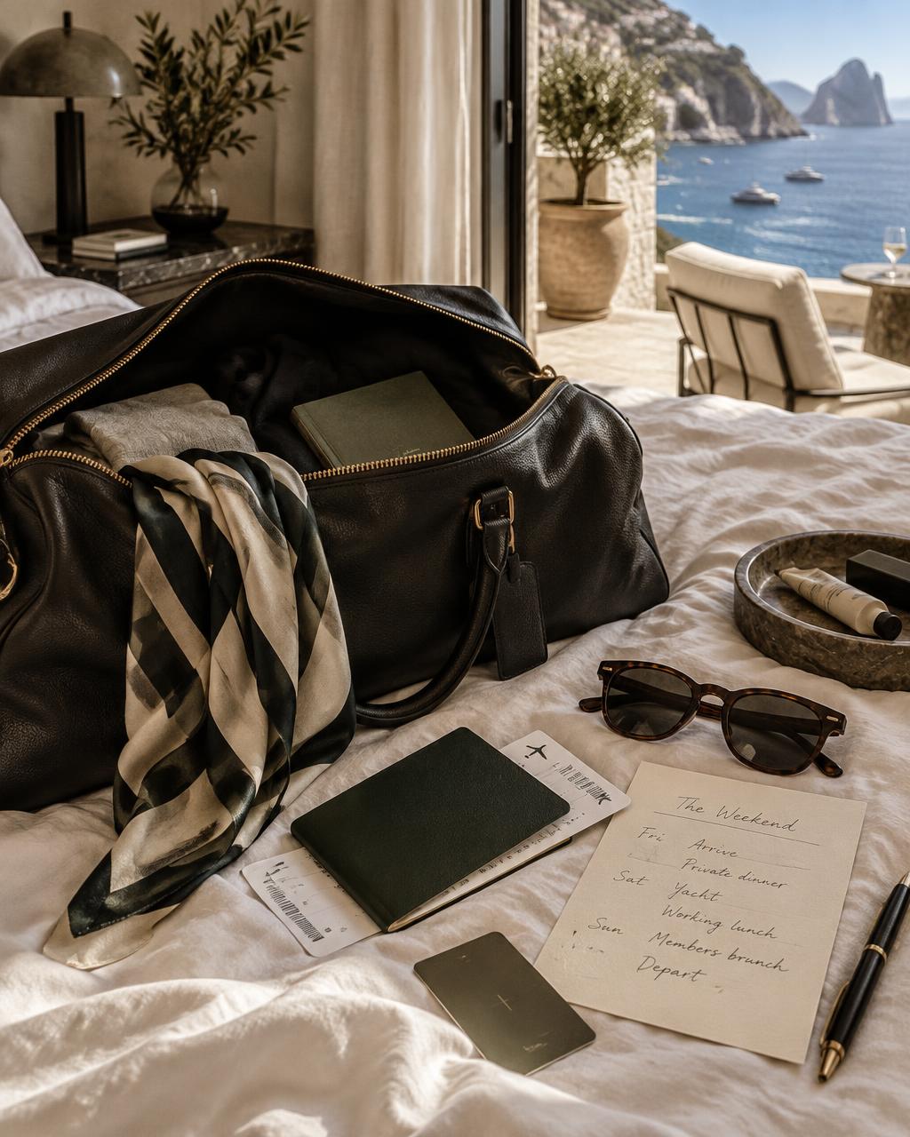 A packed leather weekender and private itinerary overlooking the Mediterranean