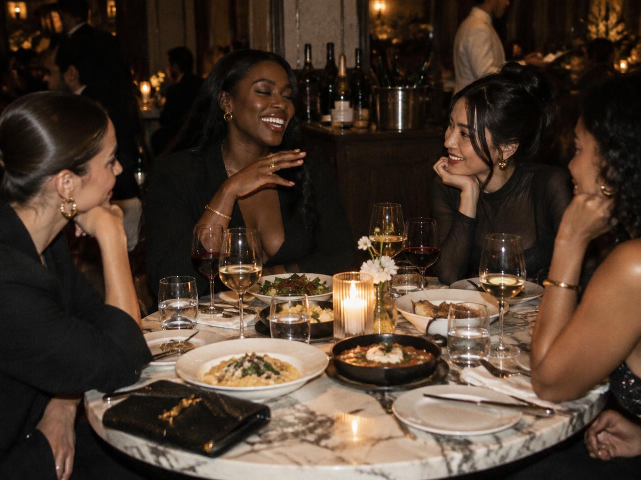 A group of women gathered around an intimate circular dinner table